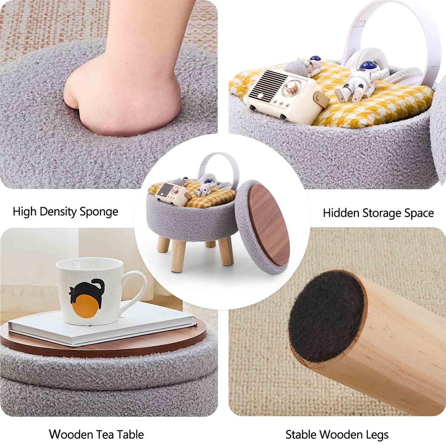 Wimarsbon Storage Ottoman, Modern Round Footrest with Soft Padded Seat, Teddy Velvet Footstool with Wood Legs, Accent Small Table or Plant Stand for Hallway, Living Room (Grey)