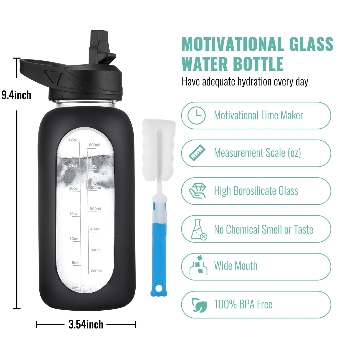 CIVAGO 32 oz Glass Water Bottle with Straw and Handle, Large Sports Motivational Water Bottle Flask with Time Marker and 2 Lids, Leakproof Water Jug Canteen with Silicone Sleeve for Gym, Black
