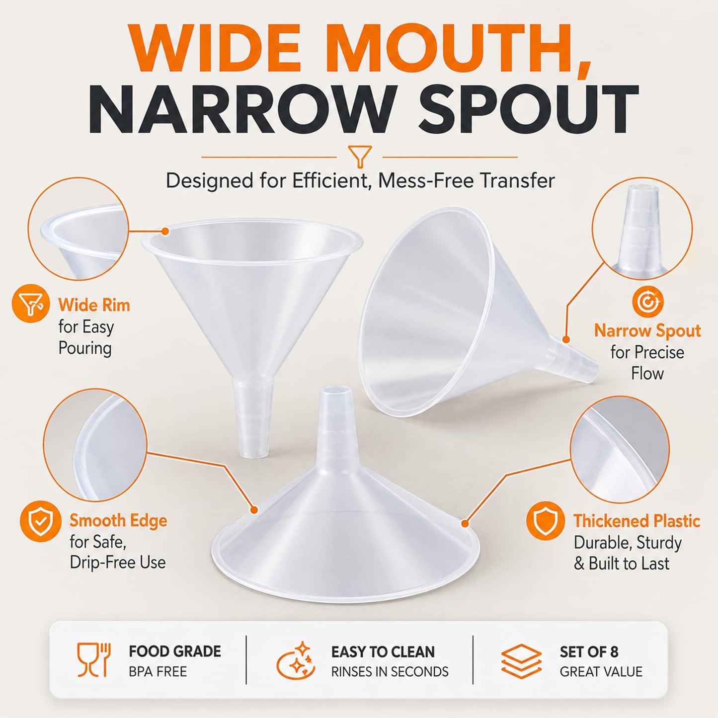CYEAH 8 Pcs Plastic Funnels, 6 Inch Wide Mouth Large Funnel, Clear Plastic Filter Funnel Liquid Transfer Funnels for Filling Bottles, Liquid, Spices, Powder, Lotion, Oils