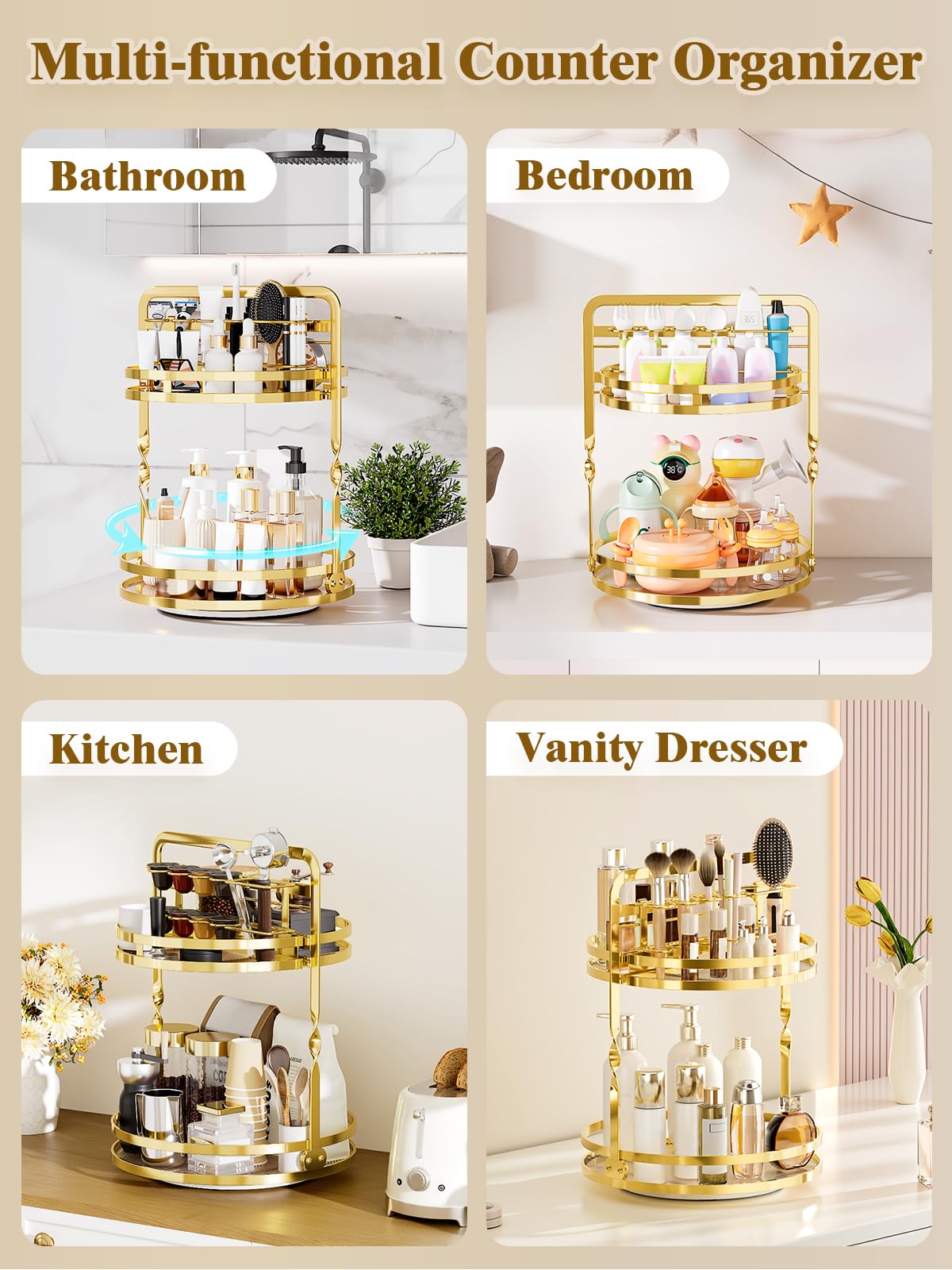DUANFEE 360° Rotating Makeup Organizer, 2-Tier Gold Perfume Organizer for Dresser, Bathroom Organizer Countertop, Lazy Susan Spinning Perfume Stand Vanity Skincare Storage with Makeup Brush Holder