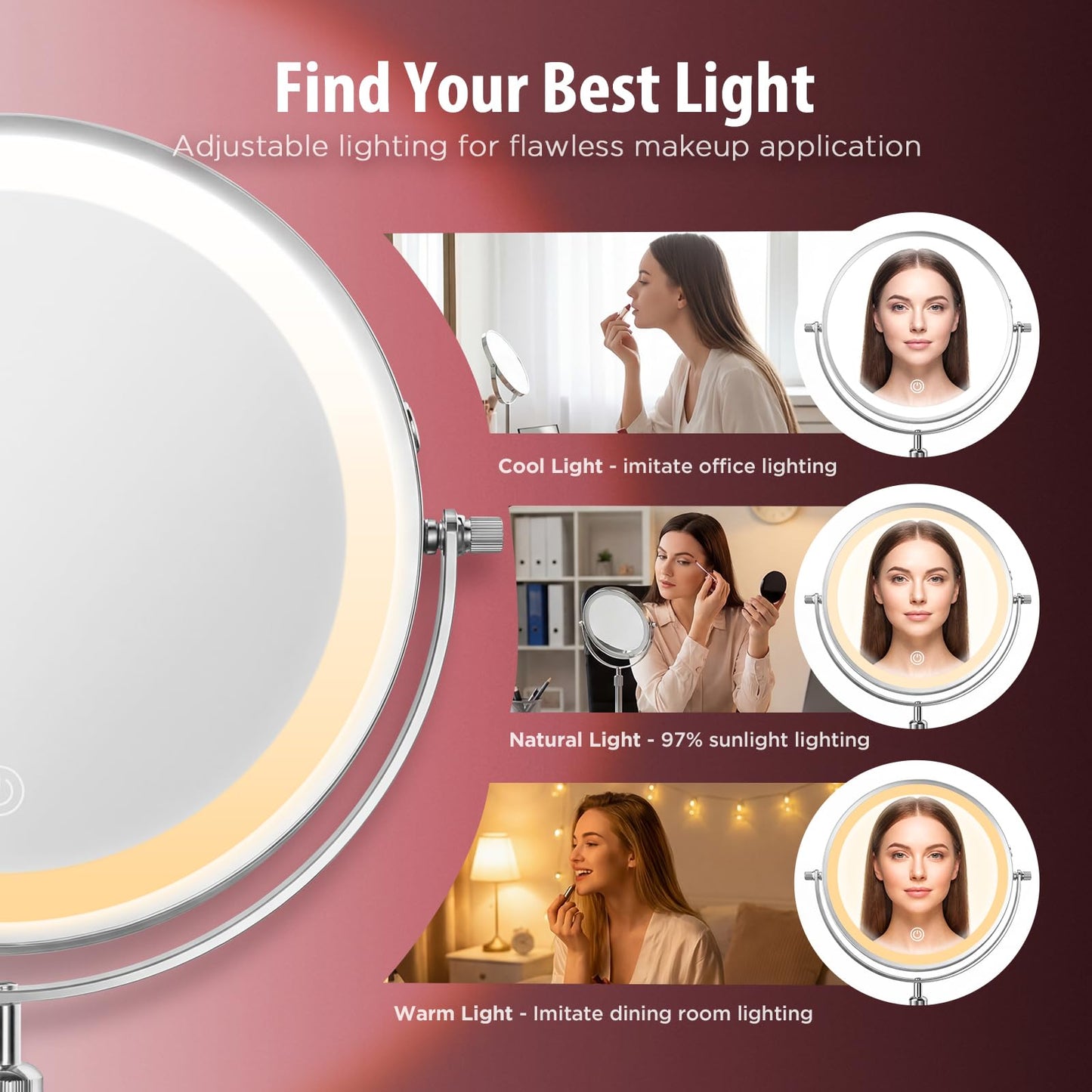 tubbede Makeup Mirror, 1X/30X Magnification with 3 Level LED Lights, 5000 mAh Rechargeable Double Sided 9” Magnifying Mirror with 360° Rotation, Perfect for Precision Grooming and Makeup, Women Gift
