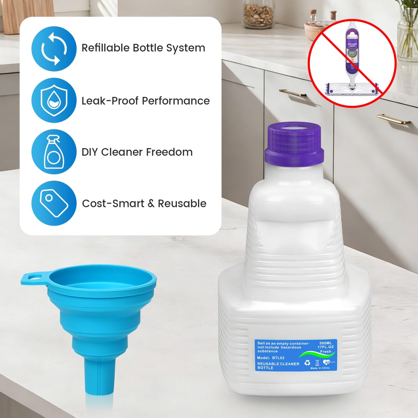 1 Pack Refillable Bottle for Swiffer Wet Jet Mop - 500ML Leak-Proof HDPE Empty Cleaner Solution Bottle with 5 Silicone Gaskets & 1 Funnel Wood Care & Pet Safe, Eco-Friendly