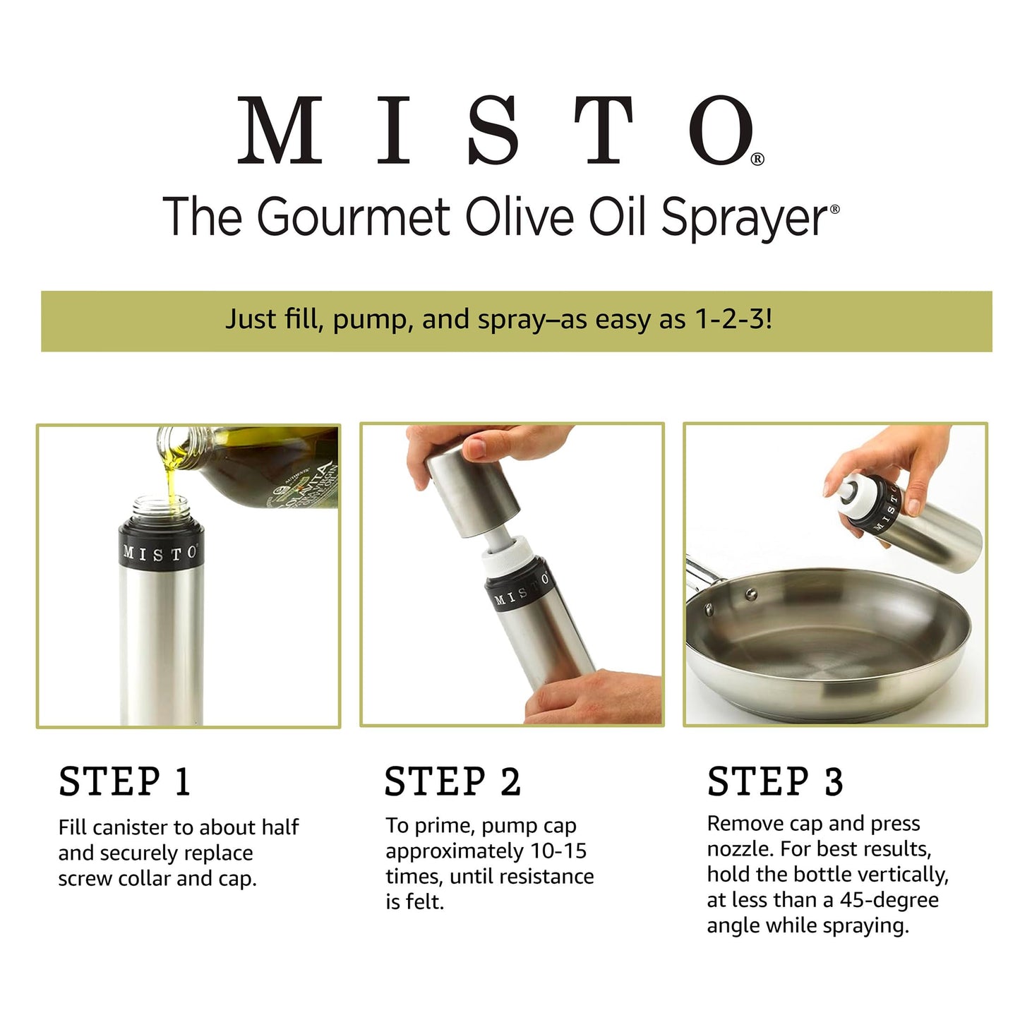 Misto Gourmet Olive Oil Sprayer Set of 2 Aluminum Bottles - Refillable Pump Mister for Cooking, Salads, Grilling - 3.2 oz Each, No Propellants