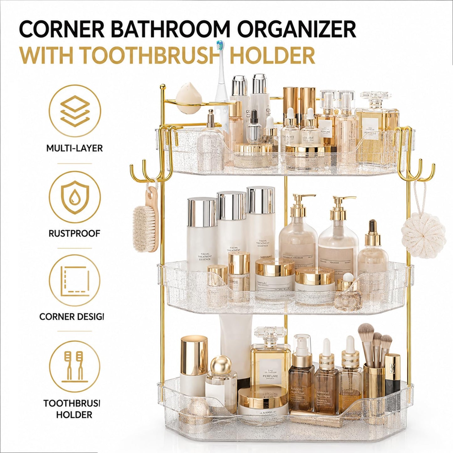 DSLWFQY Corner Bathroom Counter Organizer, 3-Tier Makeup Organizer with Brush Holder, Clear Silver Vanity Storage for Skincare, Cosmetics, Perfume & Dresser Countertop