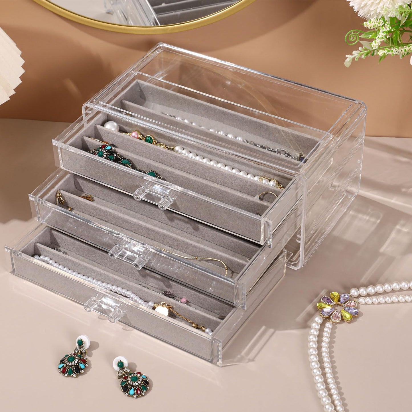 CLUQMEIK Necklace Organizer Box, Tray with Clear Lid, Dustproof Velvet Necklaces Holder Storage Display Case, Necklace Tray Drawer Insert for Pendant Suitable for Women and Girls (Grey)