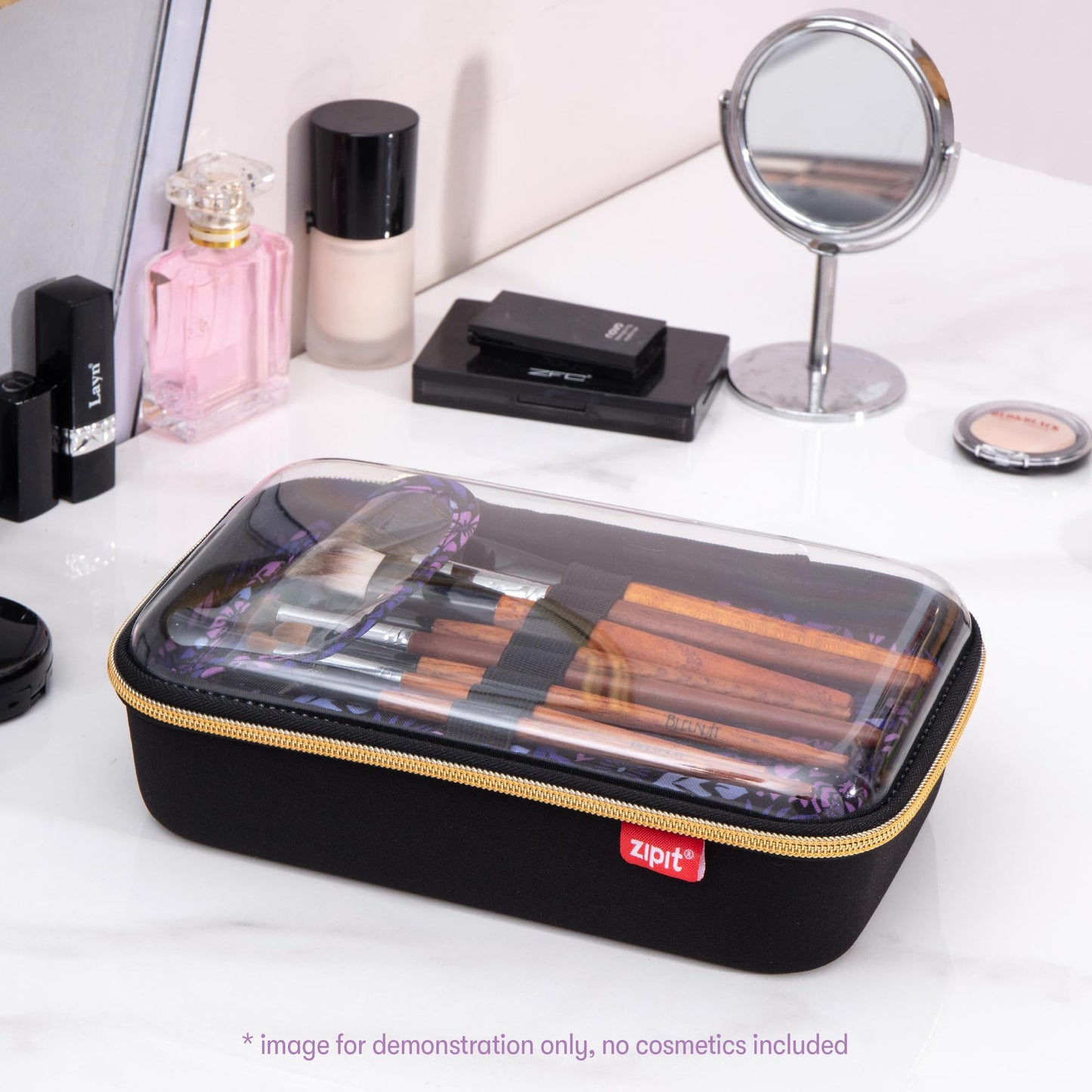 ZIPIT: Travel Makeup Bag - Black & Purple Flowers - Protective Hard Shell, Large Cosmetic Case, Transparent Zipper Lid, Handle, Toiletry Organizer