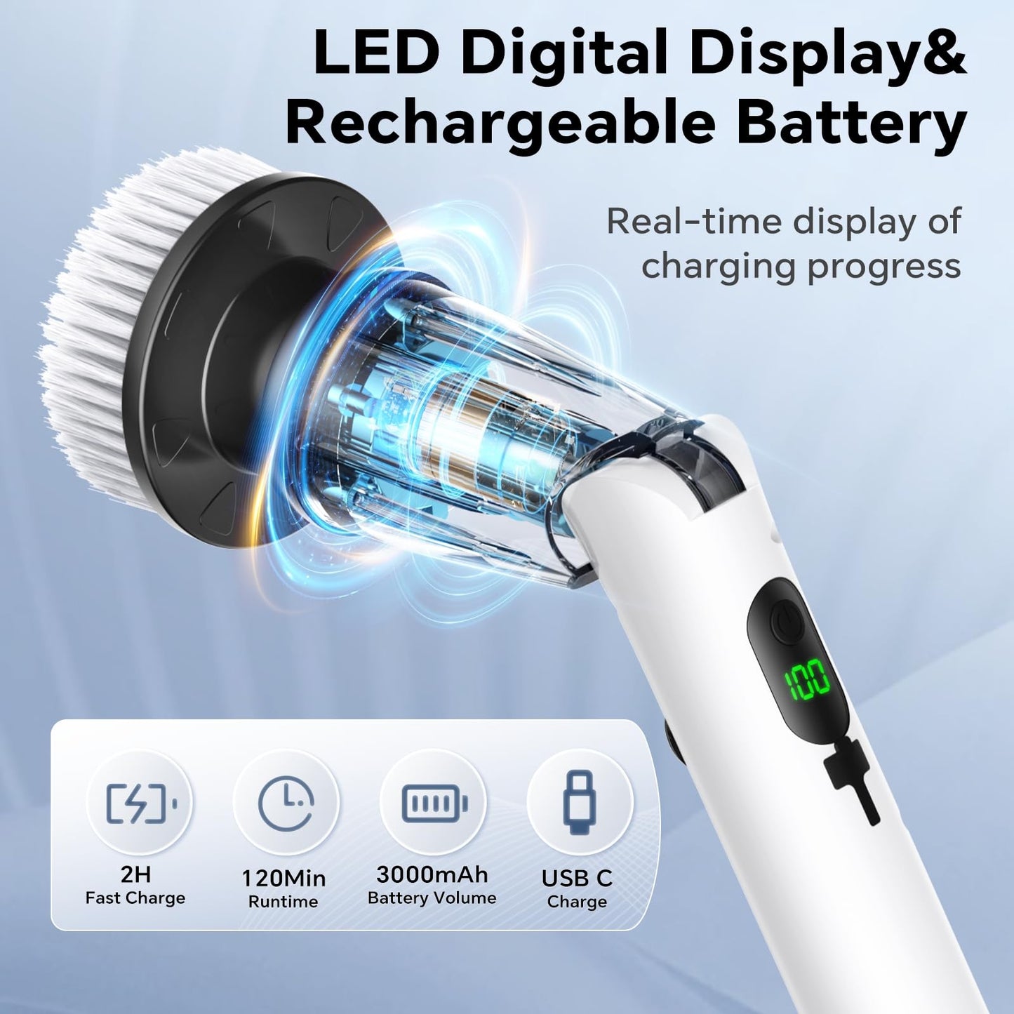 Electric Spin Scrubber with 8 Replaceable Brush Heads 3 Adjustable Angle Waterproof LED Display Cordless Cleaning Brush Supplies Bathroom Cleaner Set Long Handle Power Scrubber for Shower Floor Tub