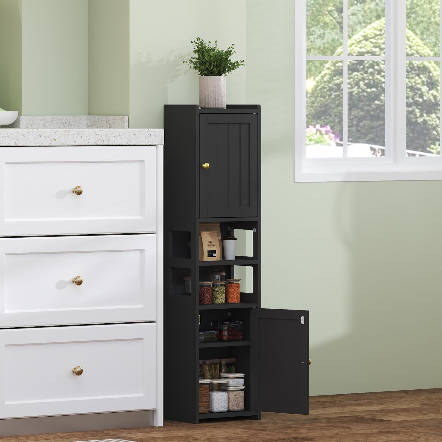 TidyHaven 39" H Small Bathroom Storage Cabinet, Narrow Corner Floor Cabinet with Adjustable Shelf, Slim Design for Bathroom, Kitchen, Living Room (Black)