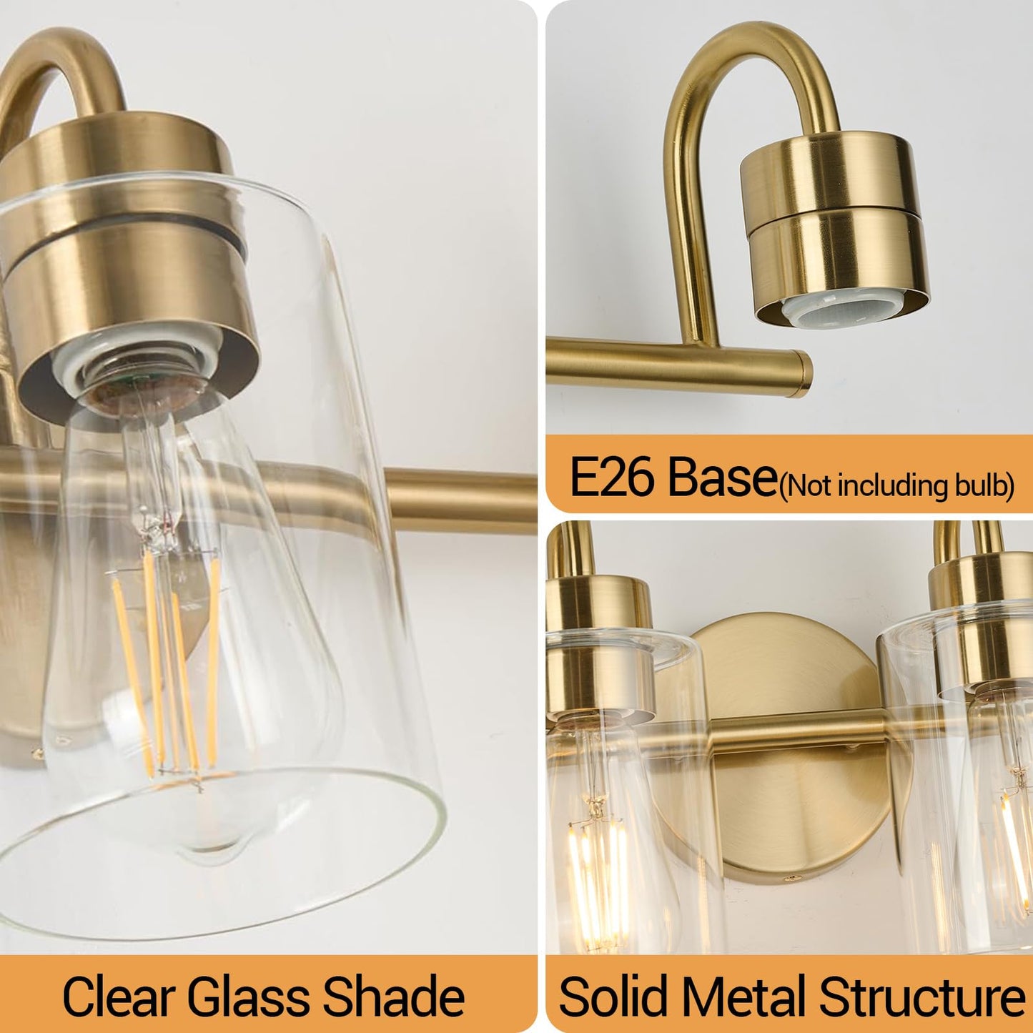 3-Light Bathroom Vanity , Gold Brass Bathroom Fixtures with Clear Glass Shades, Modern Wall Sconce Lighting Over Mirror, E26 Base, Non-Waterproof VART-3-GD（Bulbs Not Included,）