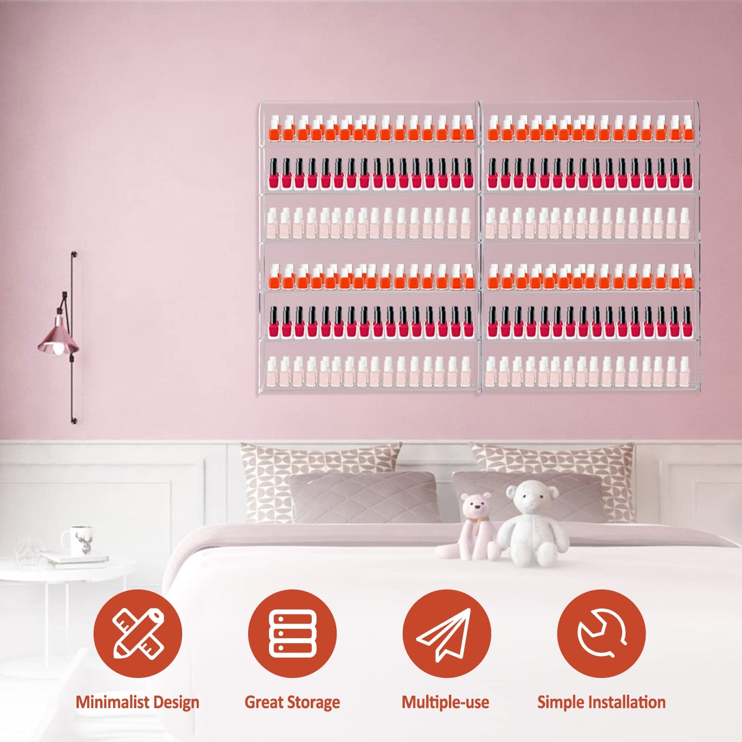 Yaeccc 2 Pack Acrylic Nail Polish Rack,20 * 27 Inch Hold Up to 384 Bottles, 6 TIER Nail Polish Organizer Wall Mounted,Nail Polish Organizer(3 Inch Deep)