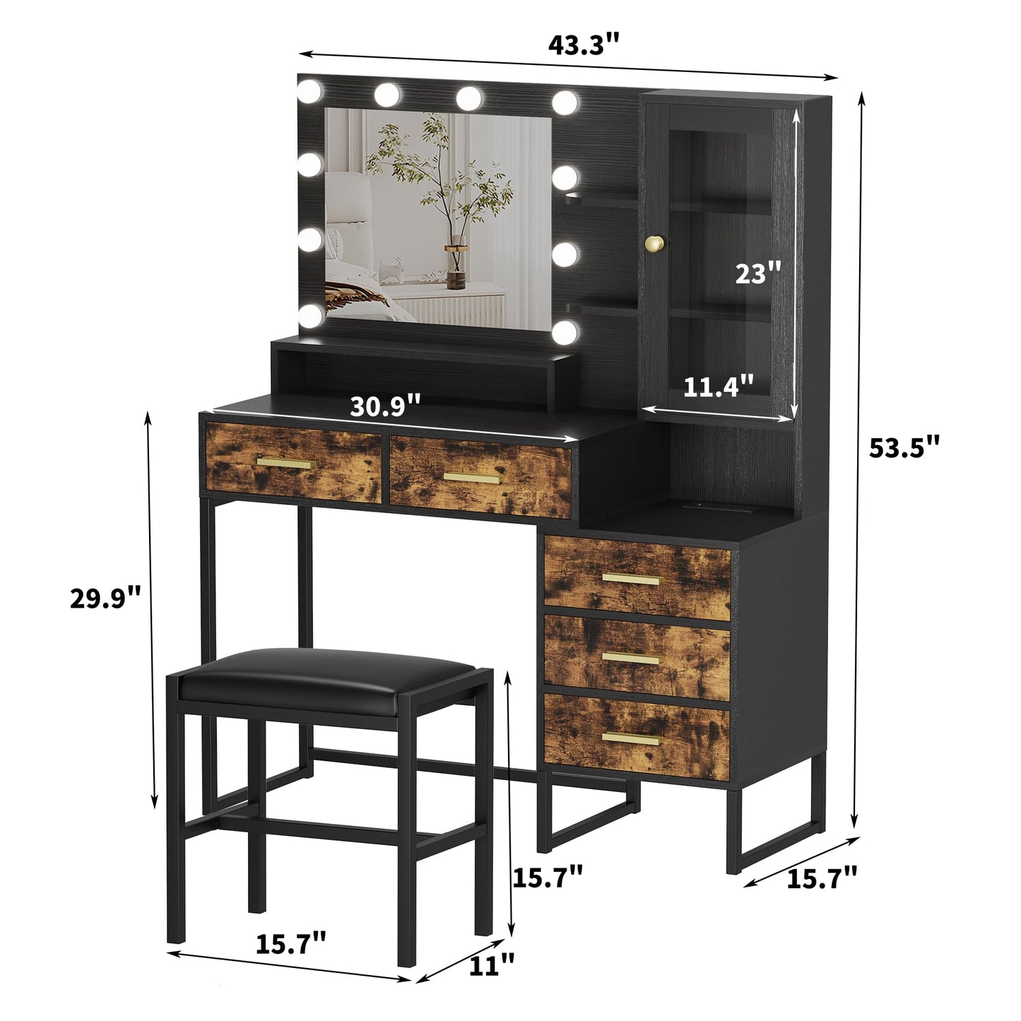IDEALHOUSE Vanity Desk with Mirror and Lights, 43" Makeup Vanity Set with Stool, LED Lighted Mirror with 10 Bulbs, Drawers, Shelves & Charging Station, Dressing Table with Chair for Bedroom, Black