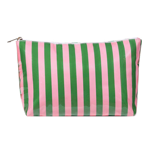 Lestikave Large PVC Waterproof Striped Makeup Bag,Clear Coated Cosmetic Bags,Easy to Clean,Travel Organizer Zipper Pouch Beach Vacation Essentials for Women Girls(09Pink Green)