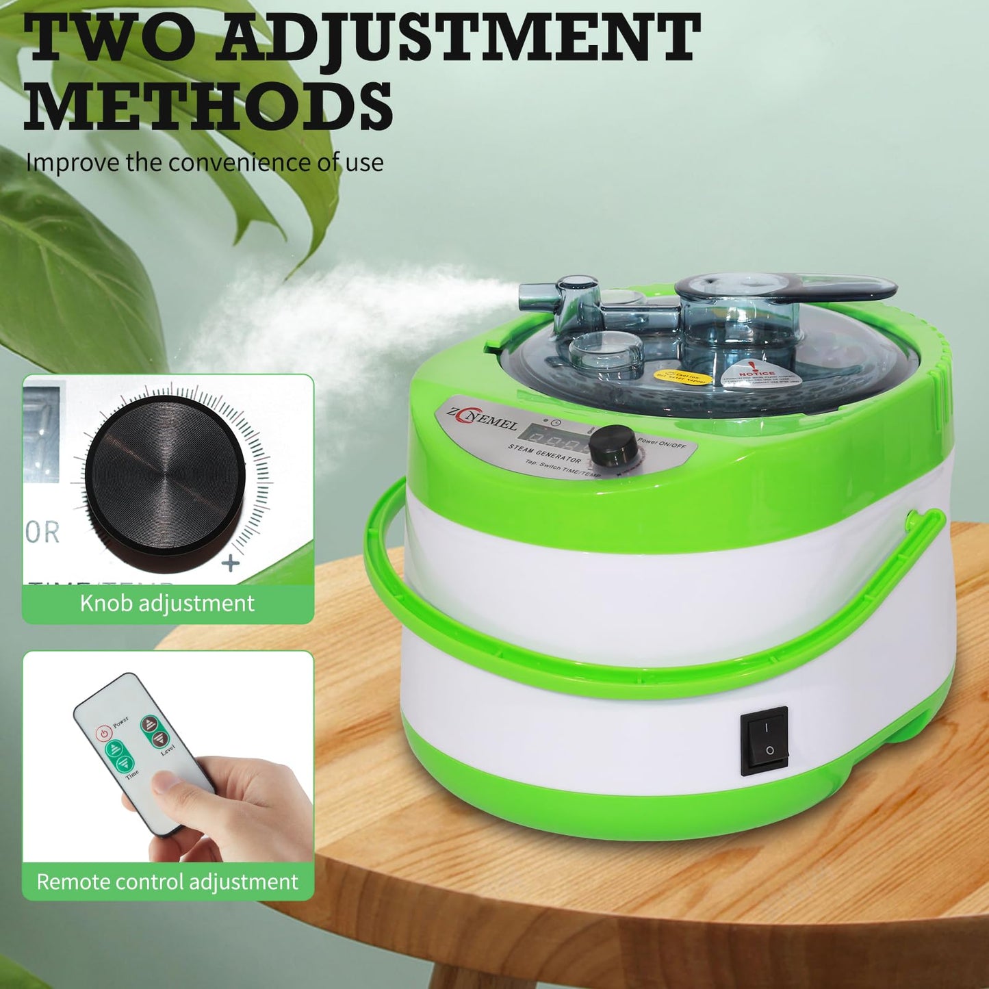 ZONEMEL 4 Liters Sauna Steamer, Portable Steam Generator with Remote Control, Stainless Steel Pot, Spa Machine with Timer Display for Body Detox (US Plug, Green)