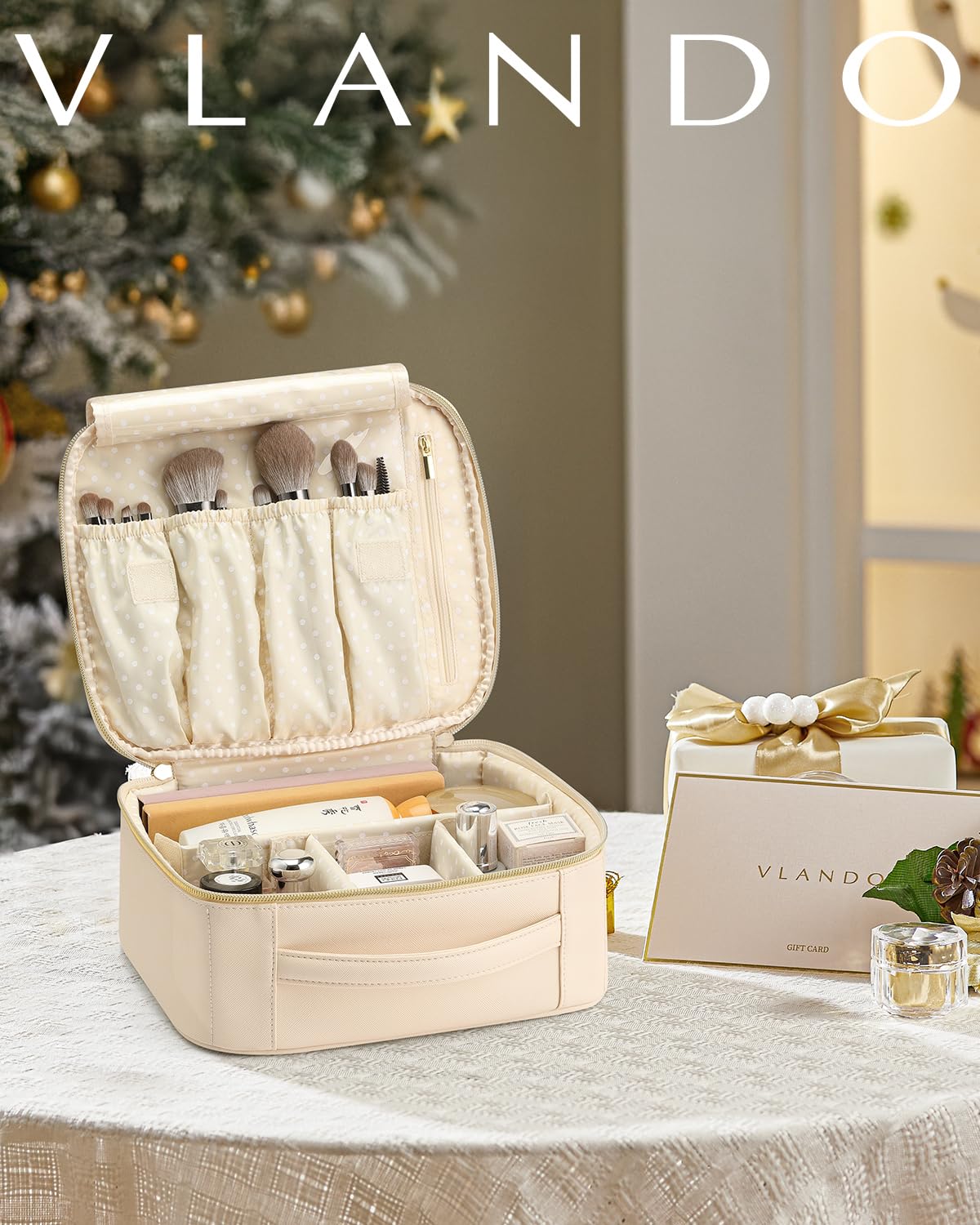 VLANDO Travel Makeup Bag, Makeup Bag Organizer,Gift Ideas for Women Girls,Makeup Storgae Bag with Dividers and Handle,Gifts for Christmas,Birthday,Wedding Beige