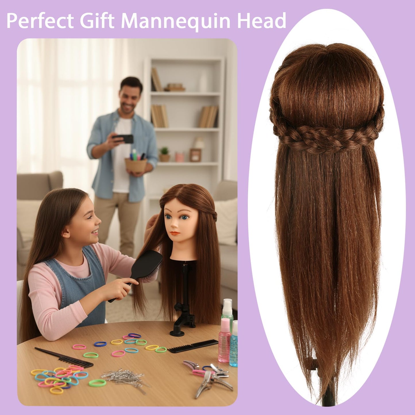 Mannequin Head with 100% Human Hair,22'' Real Hair Cosmetology Mannequin Manikin Head Hair Styling Hairdressing Practice Training Doll Head with Clamp Holder and Tools (Dark Brown Blue Eyes)