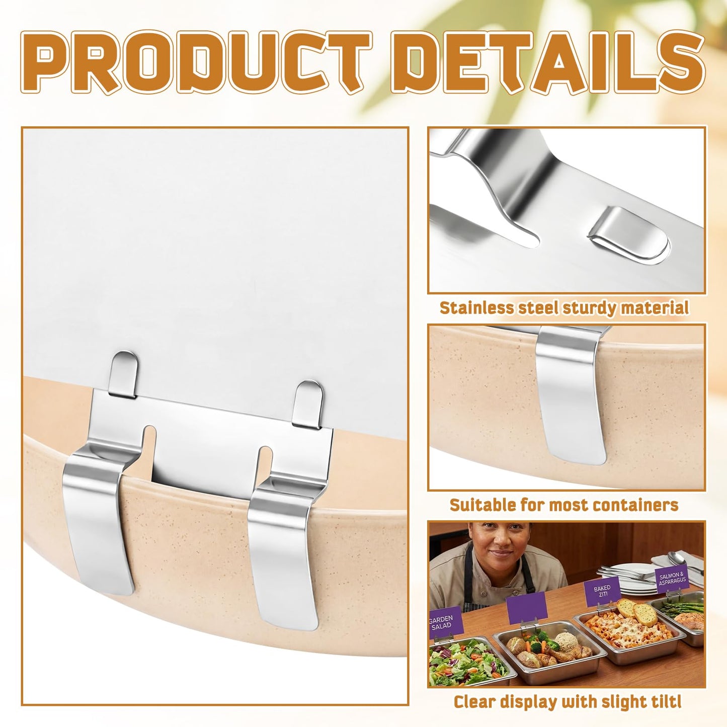 Otoolling 30 Pack Stainless Steel Pan Clips Metal Food Tray Label Sign Holder Clip on Buffet Label Holder for Bake Shops Retail Merchandise Restaurant Display