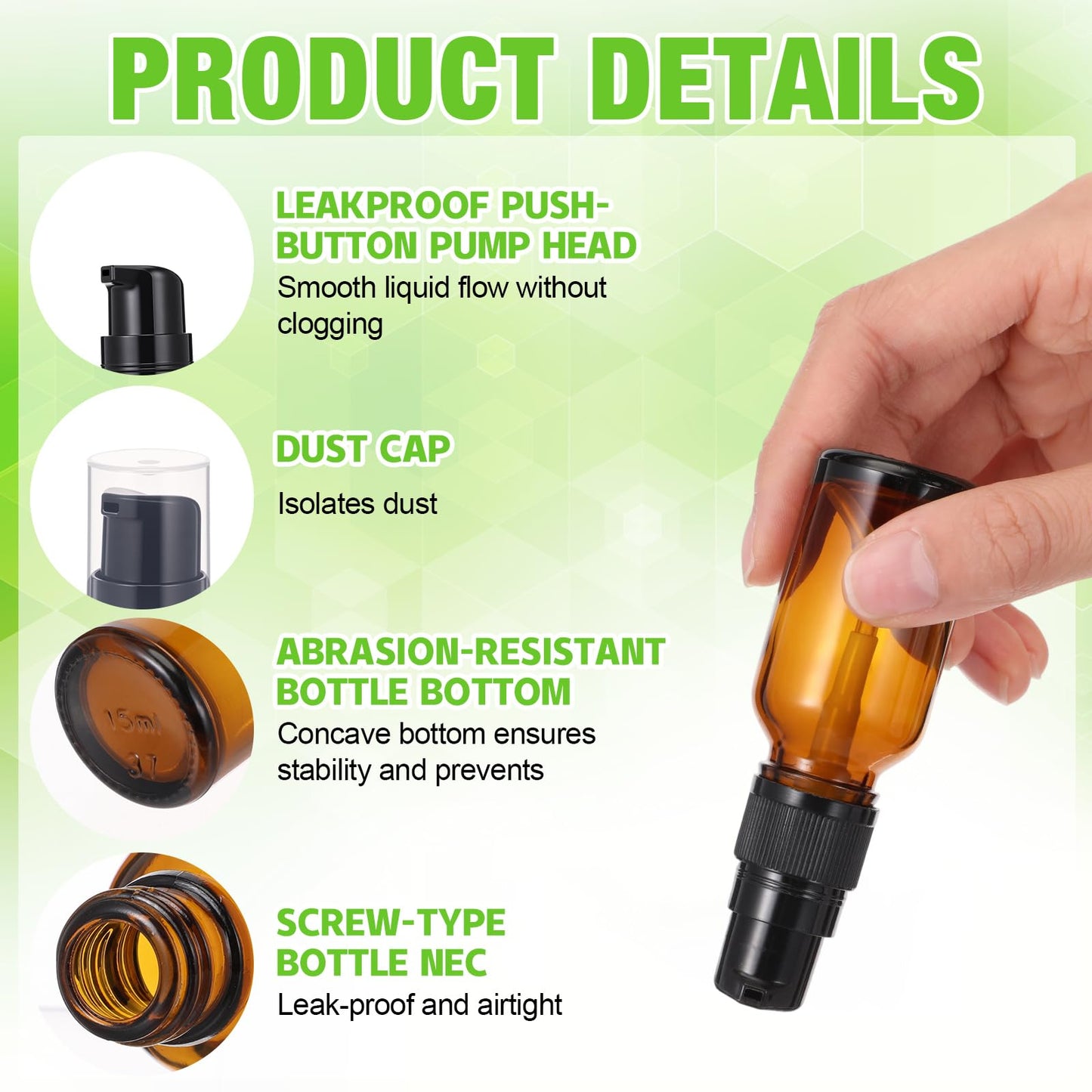 Yiyiring 50 Pcs 15ml Empty Refillable Amber Glass Pump Bottles with Clear Top, 6 Funnel, 6 Droppers, Travel Size Cosmetic Dispenser for Cream, Lotion, Sample, Liquids Aromatherapy