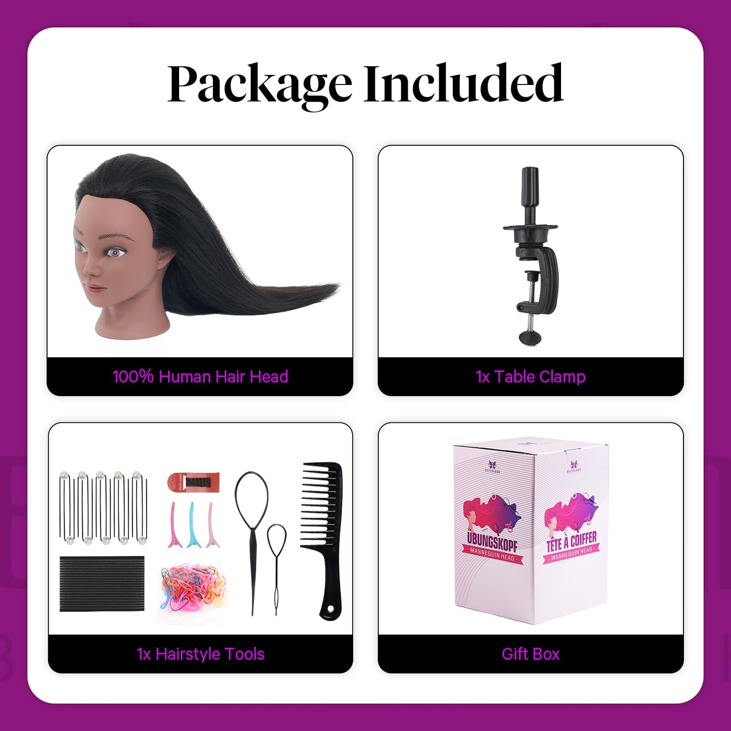 100% Mannequin Head Human Hair,18" Real Hair Mannequin Head,Cosmetology Manikin Doll Head for Hair Styling,Practice Dying, Braiding Curling Training Head with Table Clamp,Black