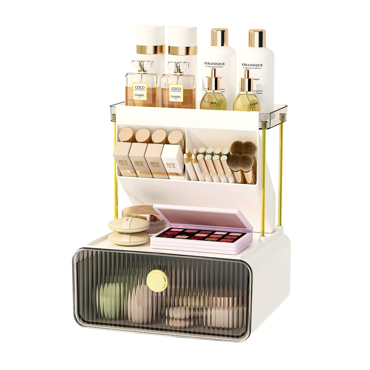 FOLLOWIN Bathroom Counter Organizers and Storage with Drawer, Cosmetic Organizer with Make Up Brush Holder, Perfume Makeup Shelf, 3-Tier Vanity Storage, Smoke Gray