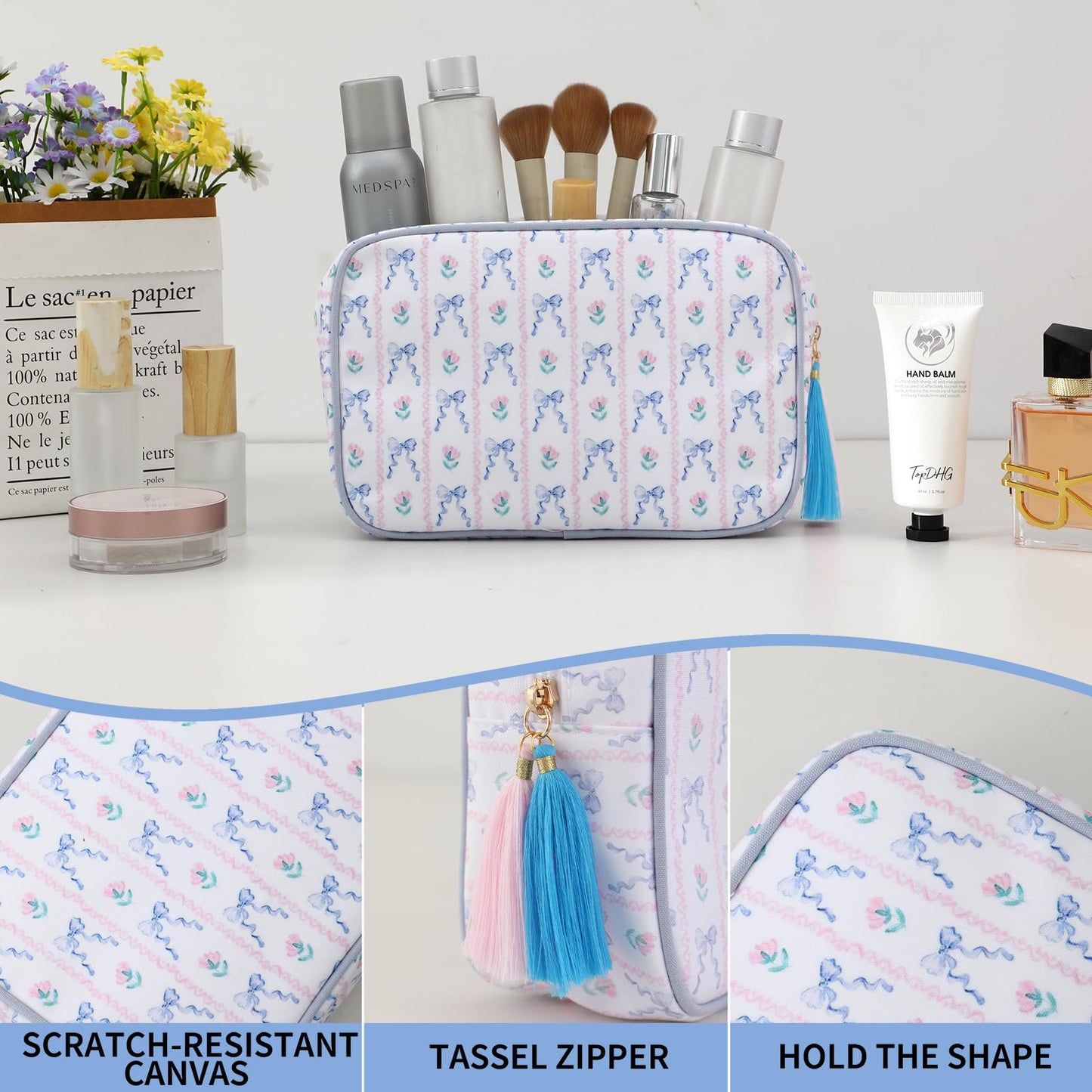 EMBRUNIOICE Makeup Bag Travel Cosmetic Bag Organizer Tassel Toiletry Bag Large Canvas Zipper Pouch and Accessories Storage Bag for Women (Blue Bow)