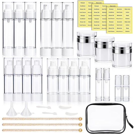 KOUWICH 34 Pack Airless Pump Jars Set, 1.7/1/0.7/0.34oz Refillable Travel Size Containers, Leak-Proof Toiletry Bottles for Skincare and Creams, Lotion, Eye Cream, Liquid, Foundation, Shampoo