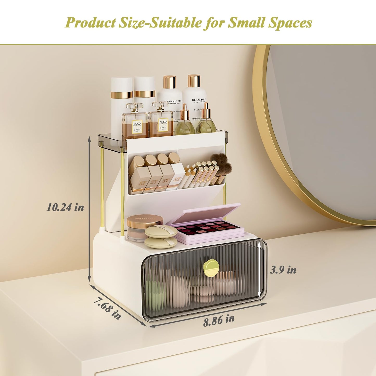 FOLLOWIN Bathroom Counter Organizers and Storage with Drawer, Cosmetic Organizer with Make Up Brush Holder, Perfume Makeup Shelf, 3-Tier Vanity Storage, Smoke Gray