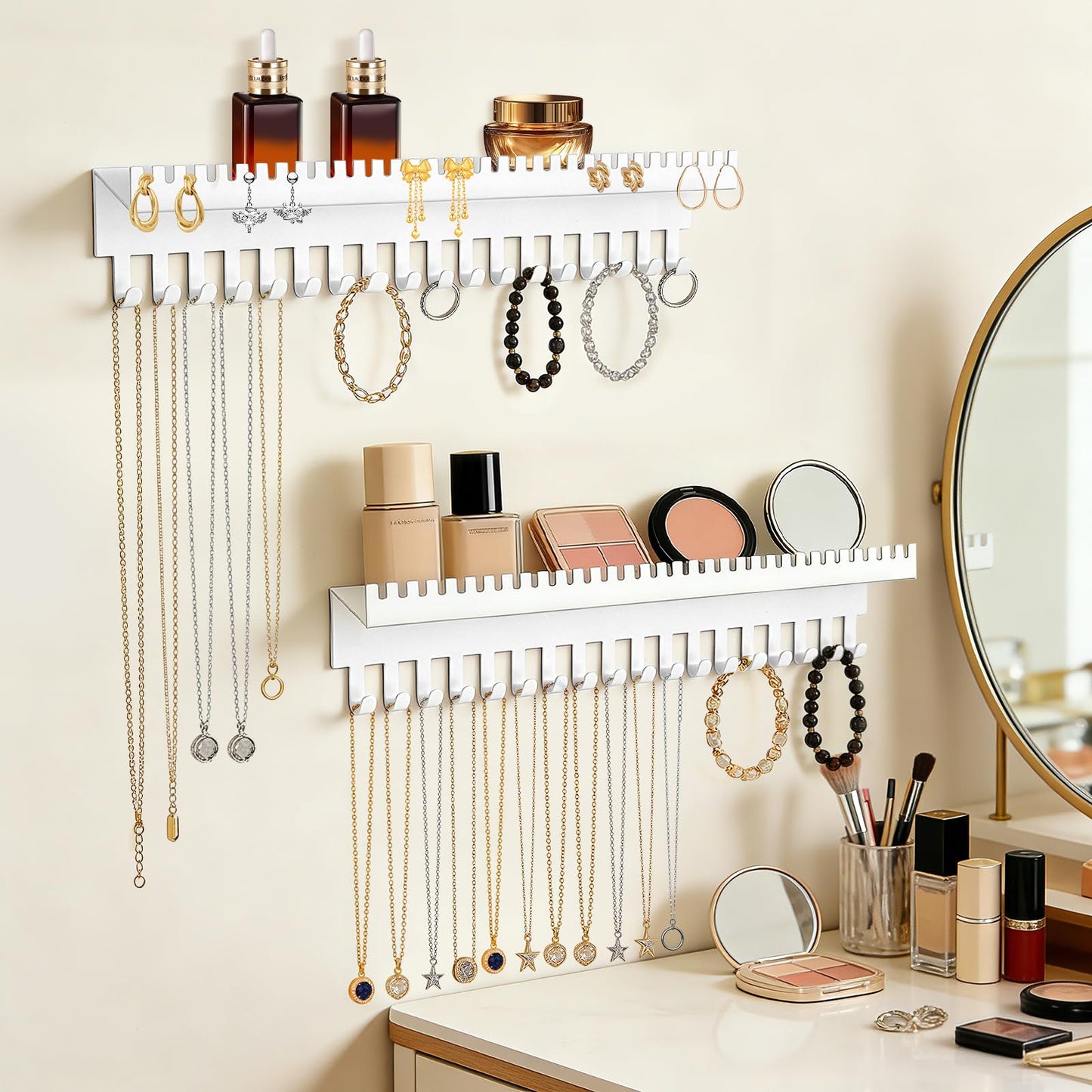 2 Pcs White Alloy Necklace Holder Wall Mount, Heavy-Duty Wall Jewelry Organizer with 18 Hooks & Cosmetics Storage Tray, Space-Saving Hanging Jewelry Organizer for Necklaces Bracelets Rings Perfume