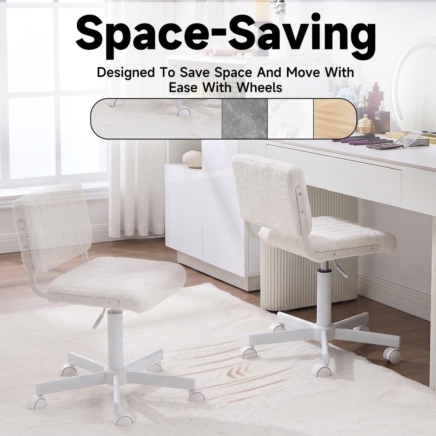Manyday Office Chair Vanity Chair with Wheels, Comfy Small Desk Chair Vanity Chair with Back, Cute Teddy Armless Adjustable Swivel Chair for Bedroom Home Computer Task, White