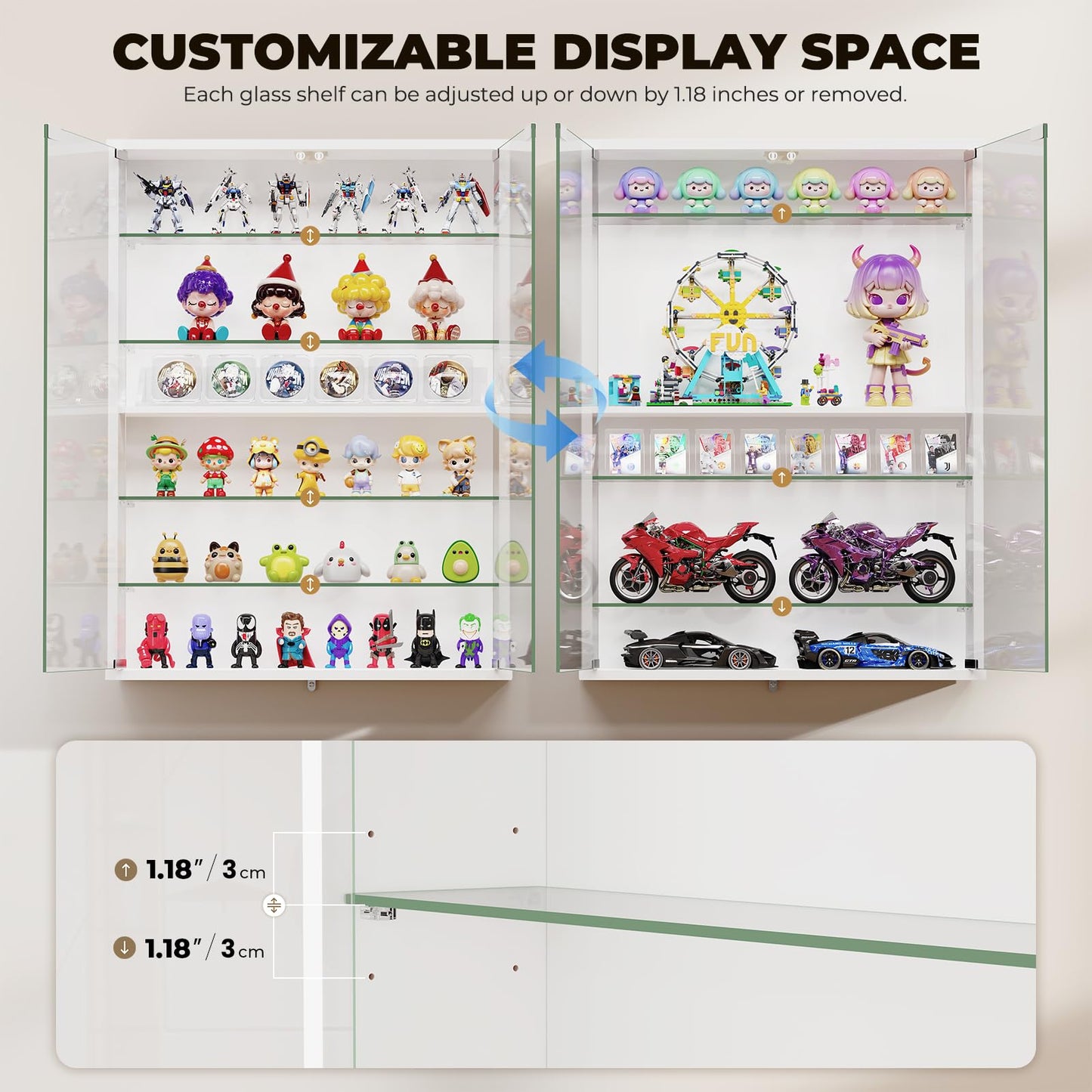 Aauro Home 6-Tier Wall Display Case with Glass Doors, LED Display Cabinet with Adjustable Glass Shelves, Display Case for Collectibles, White