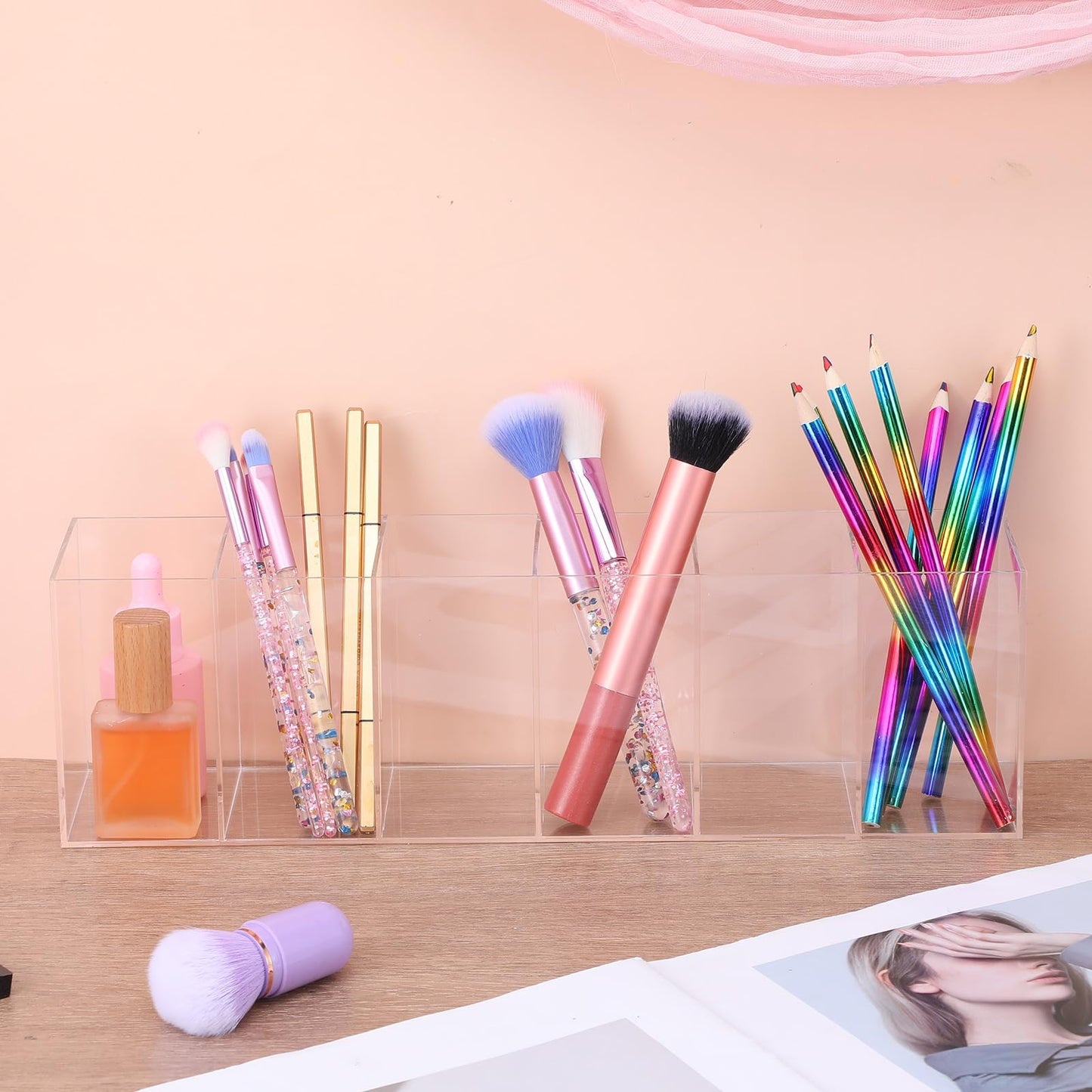 Xaajooio 2 Pcs Acrylic Makeup Brush Holder and Pencil Organizer, 6 Compartments Clear Pen Holder for Desk, Office, Bathroom, Kitchen and Cosmetic Brushes Storage