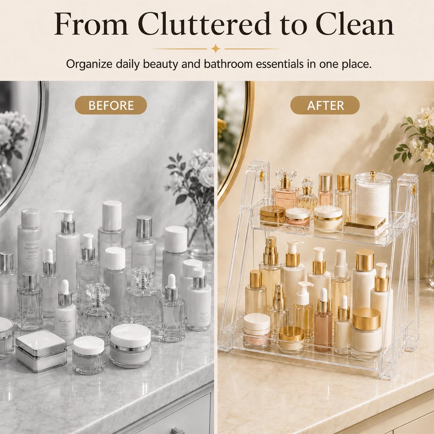 UFORU Clear Acrylic Bathroom Counter Organizer, 2-Tier Foldable Perfume Organizer Shelf for Makeup, Skincare, Beauty Products, Vanity, Dresser, Bedroom and Desk