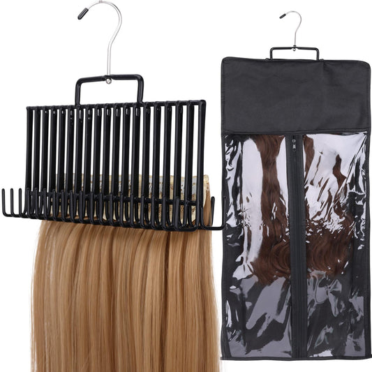 2 Set Double Size Hair Extension Holder, Professional Full Length Weft Metal Hair Styling Tool for Multi-Layer Hair Washing, Drying, Coloring, Styling & Storing (Black, Double Size)