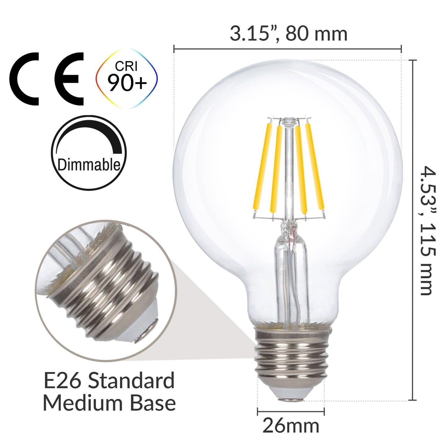 Simba Lighting LED Edison Vintage Filament G25 6W 120V E26, 4000K, 3 Pack