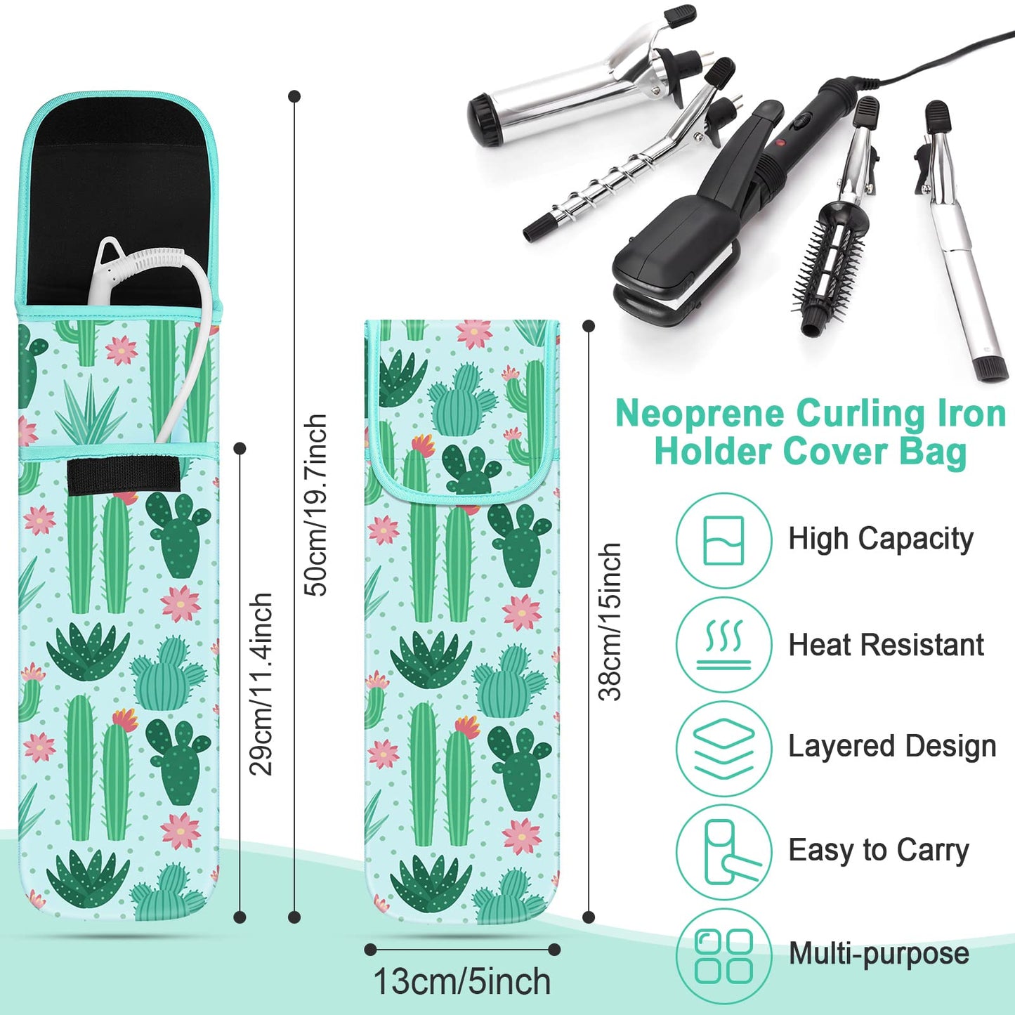 Shappy 2 Pcs Heat Resistant Hair Tools Bag Curling Iron Travel Case Cover Neoprene Flat Iron Holder Travel Case and Silicone Mat Pouch for Hot Hair Tools Storage Organizer(Cactus Style)