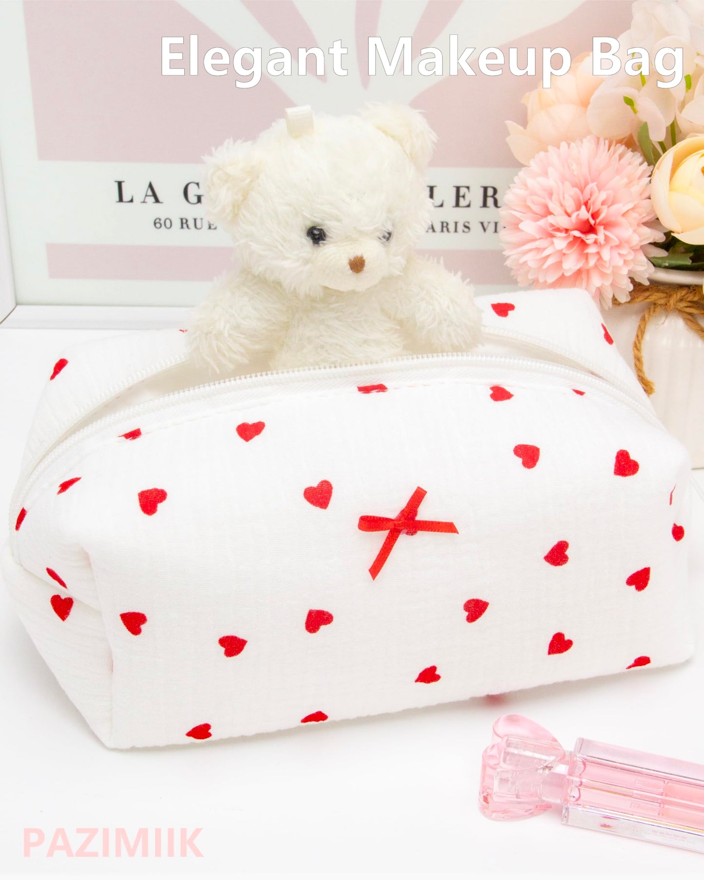 PAZIMIIK 6PCS Cozy Makeup Bag Small Aesthetic Travel Zipper Cosmetic Pouch for Women Make Up Beauty Accessories Brushes,Heart Red