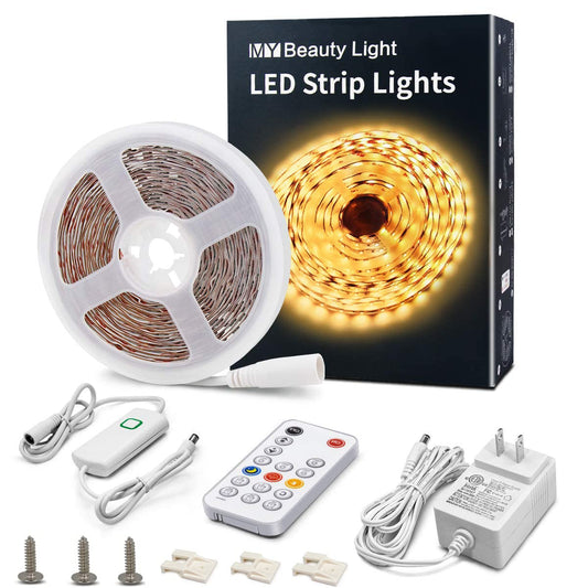 MY BEAUTY LIGHT LED Strip Lights Warm White,16.4ft Dimmable LED Light Strip with RF Remote,300 Bright 3000K 2835 LEDs,Plug-in Adhesive Rope Lights with Timing Mode for Living Room Bedroom Kitchen