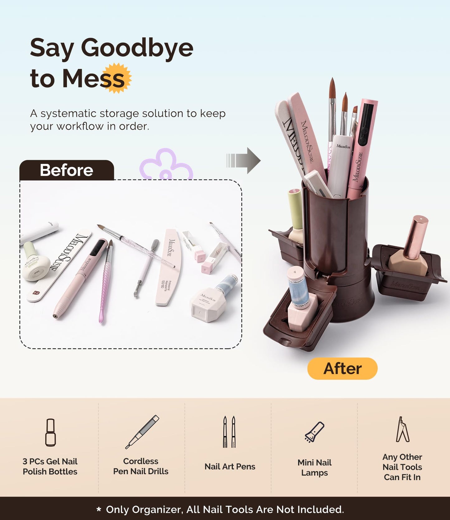 MelodySusie GelCarousel for Nail Polish Bottle Holder and Nail Art Tools Organizer, 360° Rotating Storage Container with 3Pcs Detachable Silcone Gel Polish Holder, Brown(Only Box)