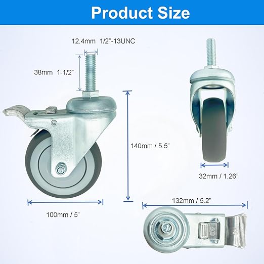 4 inch Swivel Caster Wheels Heavy Duty with Aluminum Brake, 1/2" x13-1-1/2 Threaded Stem Casters Set of 4, TPR Rubber Wheels for Hospital, Lab, Furnitures,Restaurant
