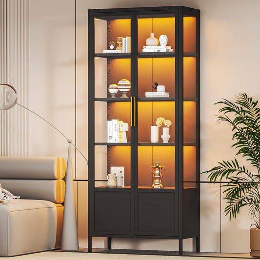 WOOW DEPOT 5-Tier Glass Display Cabinet with 13 Color Lights, 67" H Lighted Curio China Cabinet with 2 Glass Doors & Adjustable Shelves, Tall Metal Storage Cabinet Display Case for Collectibles,Black