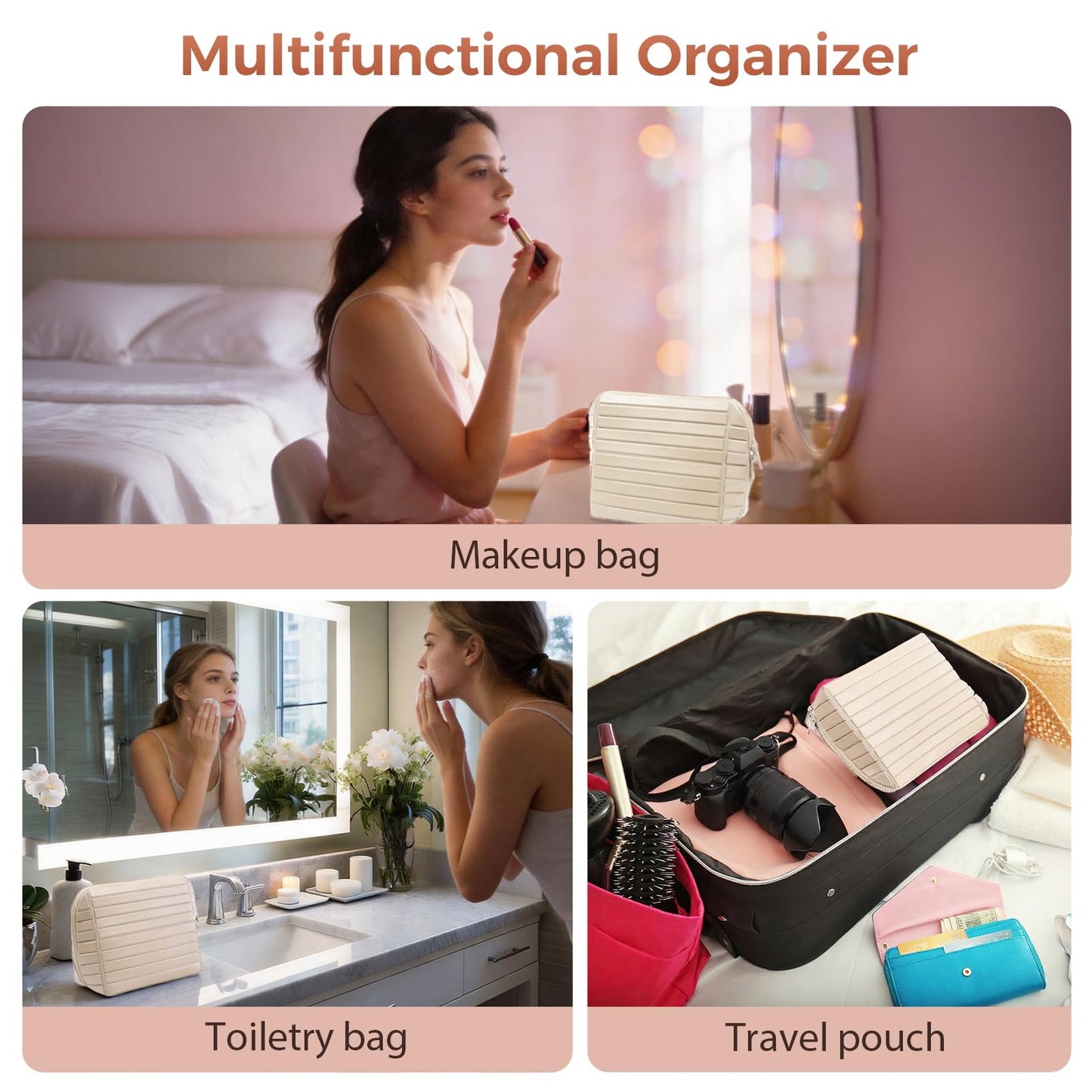 Travel Makeup Organizer Bag with Fold-Down Design and Adjustable Dividers, 27 Pockets & 3 Brush Storage Holders, Large Capacity Cosmetic Bags Toiletry Case - White