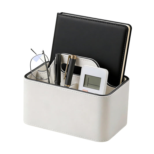 NICLNGSH Caddy Organizer with Handle, PU Leather Remote Control Holder Desk Caddy, Portable Makeup Remote Organizer for Table, Nightstand, Office (Cream)