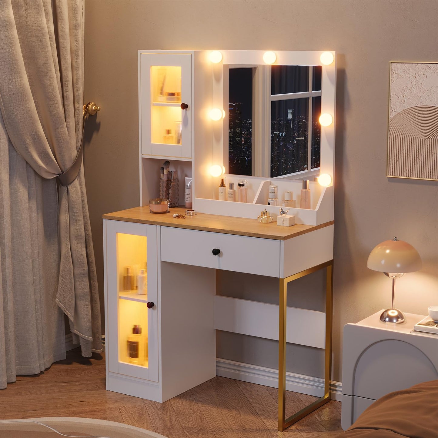 Garvee Makeup Vanity Desk with Mirror & RGB Lights - Charging Station Included - 2 Acrylic-Door Cabinets & 2 Storage Compartments - Modern Bedroom Dressing Table