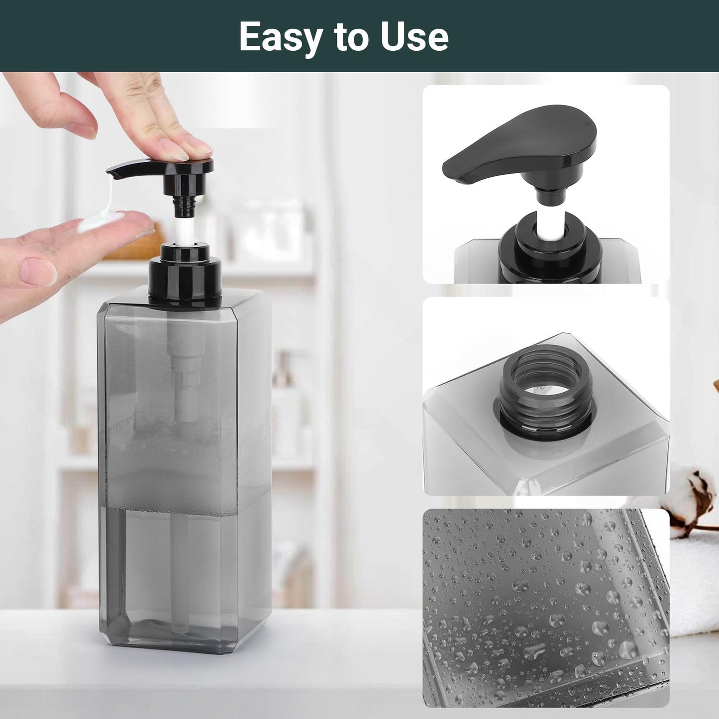 Suream 3 Packs Shampoo Dispenser, 27oz/800ml Square Plastic Shower Bottles Refillable with Labels, Shampoo Pump Dispenser for Bathroom Vanities, Grey