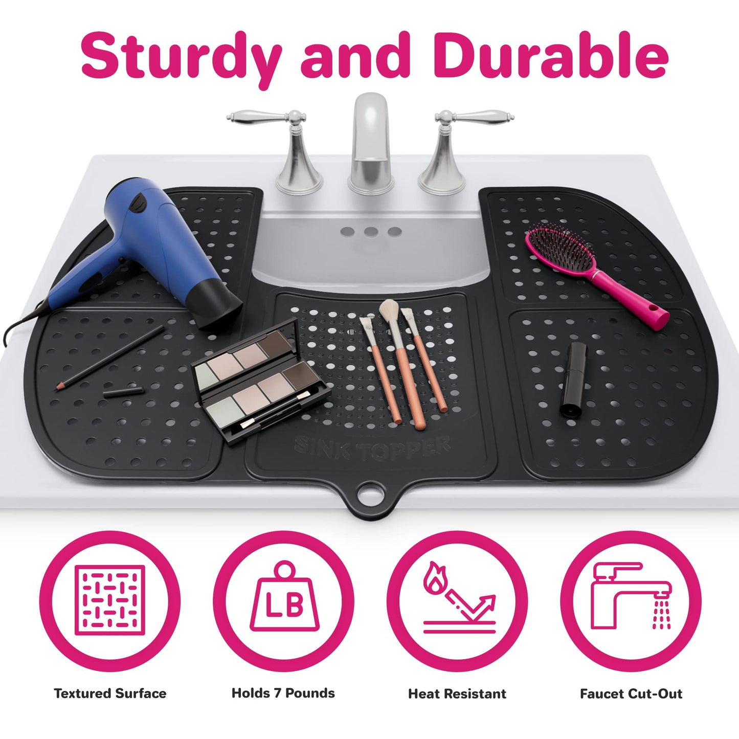 Sink Topper Bathroom Counter Cover & Storage Saver, Foldable Silicone Mat for Hot Tools, Hair Styling & Makeup, Beauty Brush Cleaning Mat, RV Camper Sink Cover & for Small Spaces (Large Black)