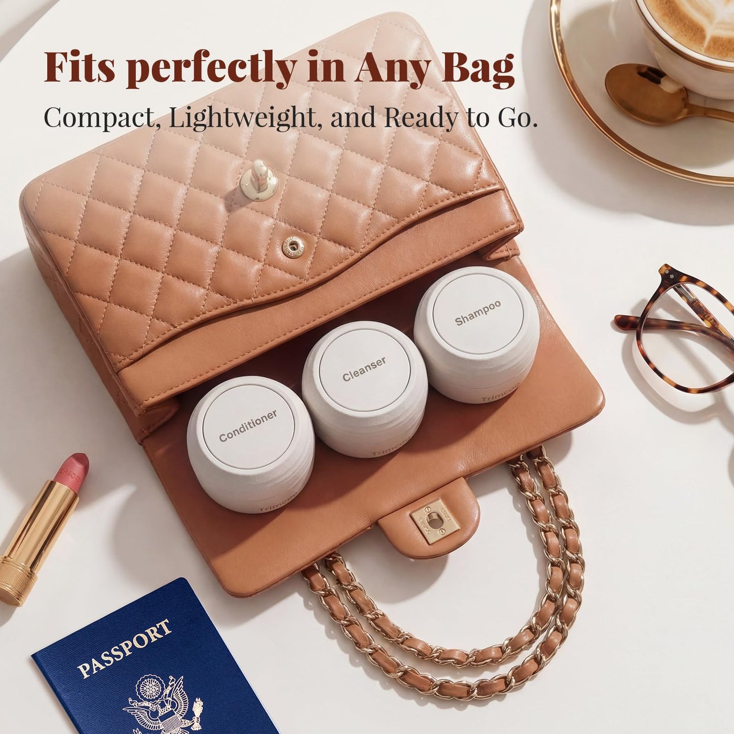 Trimcoo New Travel Toiletry Containers [Ultra Leakproof] TSA-Approved, PLA Hard Shell Jars with 5 Magnetic Labels, Wide Mouth Bottles for Lotion, Cleanser, Shampoo, Conditioner, Beige, 3 Pack, 1OZ