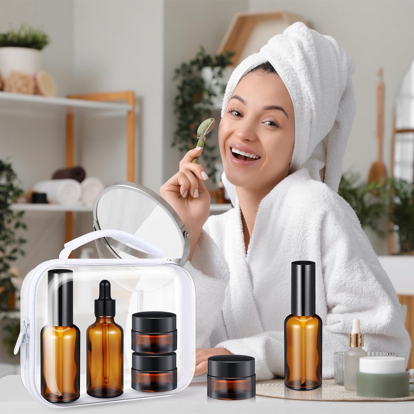 Qiyaz 11 Pcs Glass Travel Bottles with Clear Hard Zipper Case Skin Care Containers Travel Size Mini Makeup Containers Tsa Approved with Pump Spray for Liquid Toners Serum Cream(Brown,Style 2)