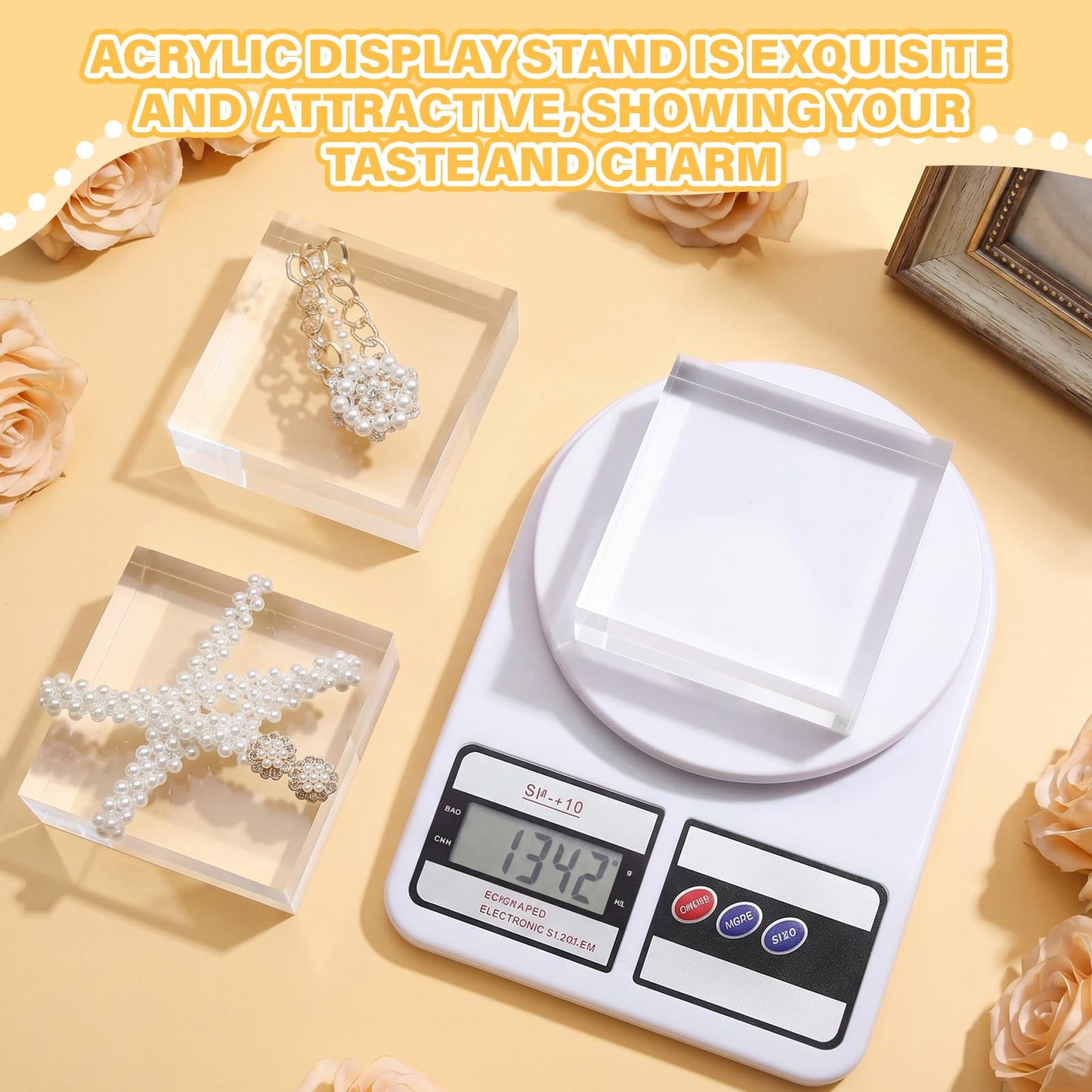 Qunclay 4 Pcs 6 x 6 x 2 Inches Acrylic Square Display Block Clear Polished Acrylic Cubes Jewelry Display Stand for Jewelry Ring Showcase Holder Base Collections