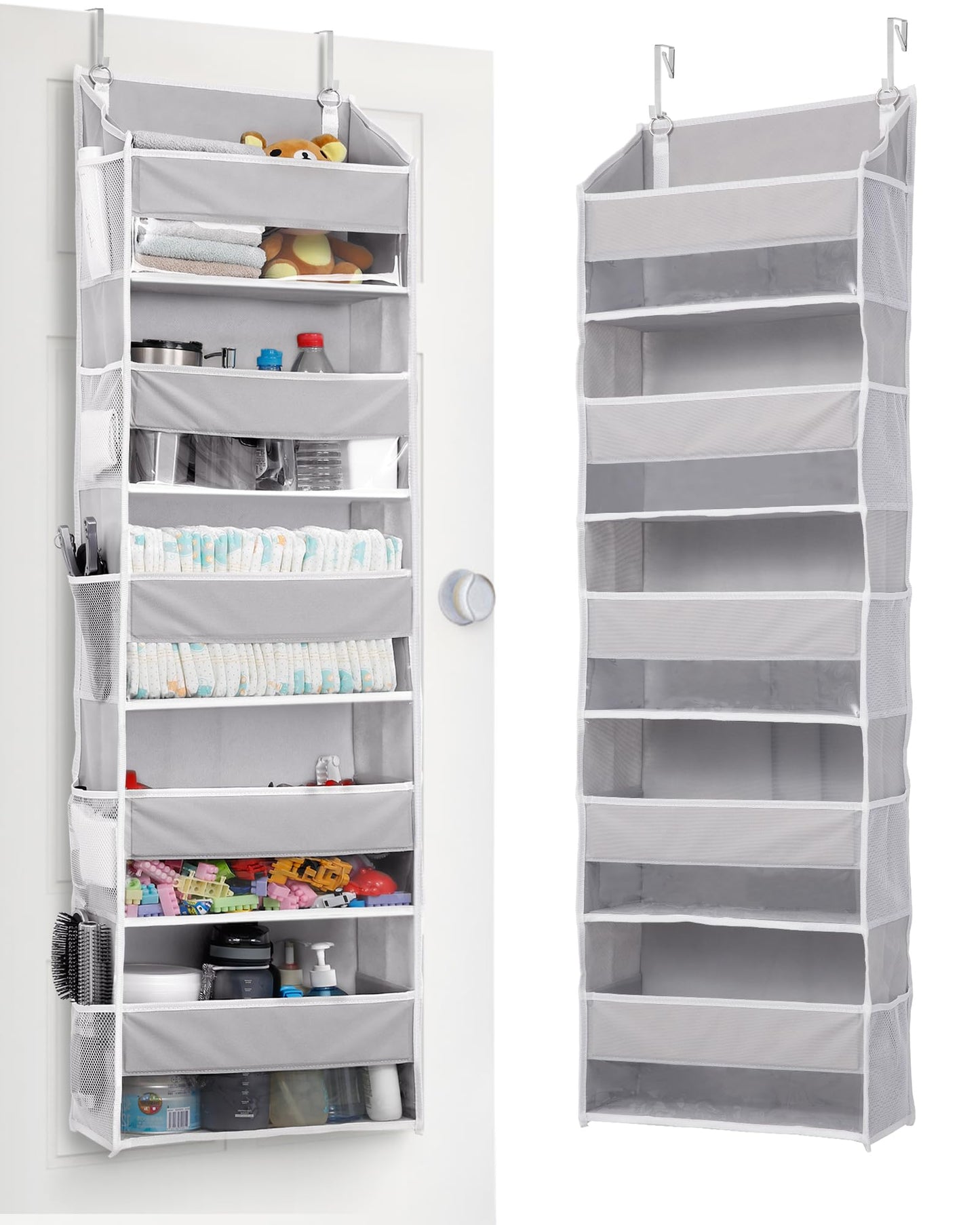 ULG 1 Pack Over Door Organizer with 5 Large Pockets 10 Mesh Side Pockets, 44 lbs Weight Capacity Hanging Storage Organizer with Clear Window for Kids Toys, Shoes, Diapers, Grey, 5 Layer