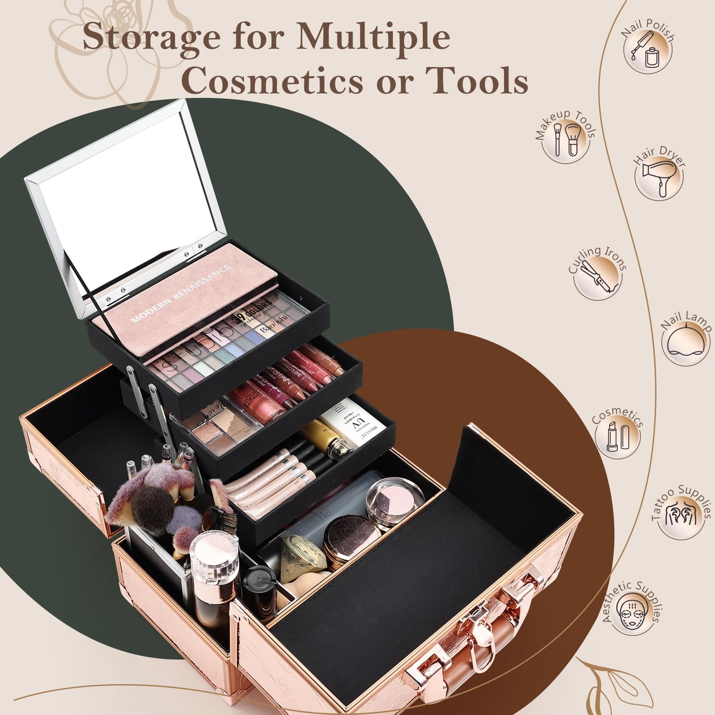 FRENESSA Makeup Case 11.8 Inch Makeup Organizer Case Large Cosmetic Box with Mirror Portable 3 Trays Travel Storage Box for Make Up Nail Tech Kits Cosmetology Case 3D Rose Gold Floral