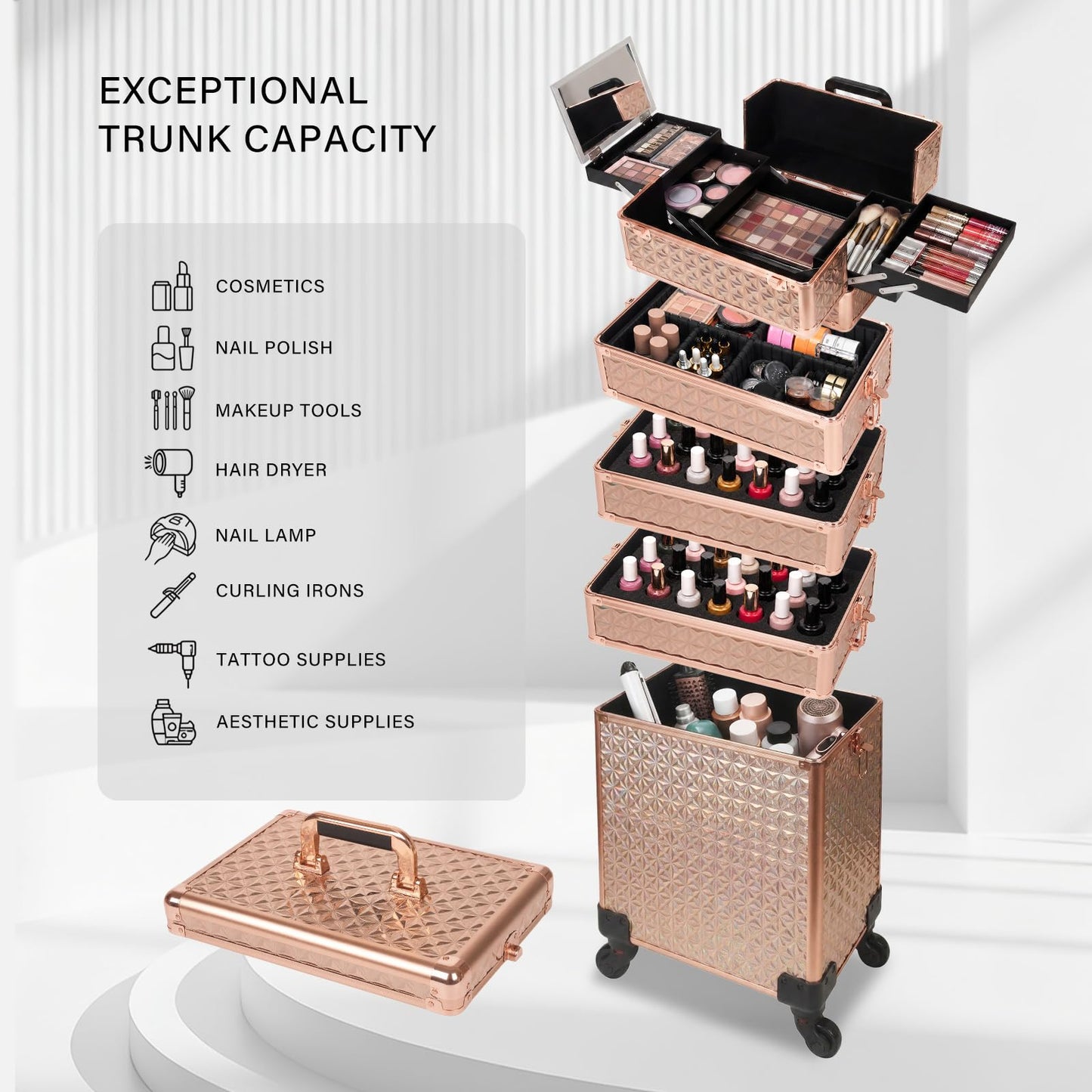 Yujesyde Rolling Makeup Train Case 6 in 1 with Mirror & Lock, Professional Makeup Travel Case, Large Cosmetic Organizer for Cosmetologists & Nails, Bonus 4 Replacement Wheels (6, Gold Holographic)